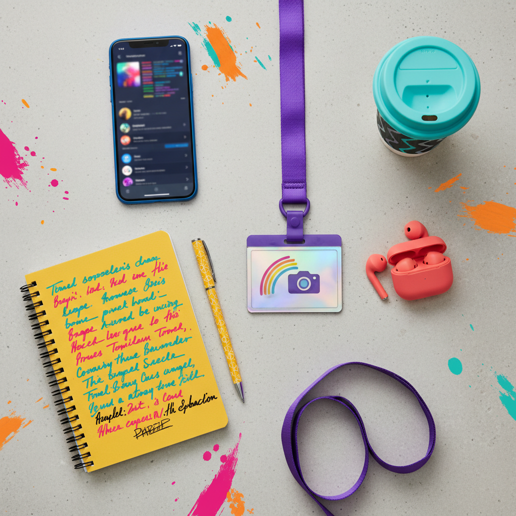 A flat lay of journalism tools arranged aesthetically on a light concrete surface: a smartphone showing social media feed, a notebook with handwritten notes, a press badge, wireless earbuds, a coffee cup, and a pen. Vibrant Gen Z aesthetic, bold colors, editorial mood. No people, no text visible. Top-down shot, photographic realism.
